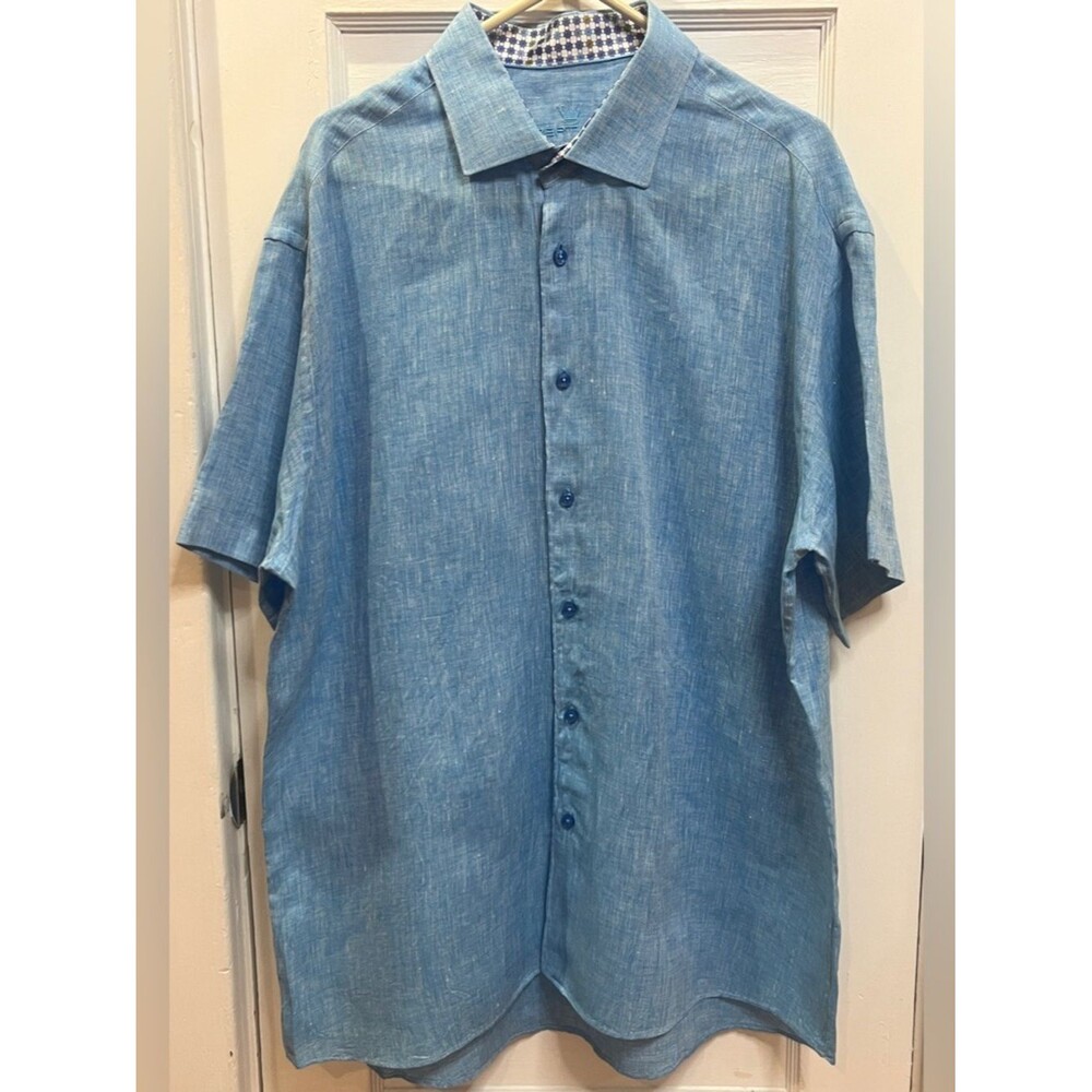 Bertigo Men's Button Down Short Sleeve Linen Shirt Size 2XL Light blue